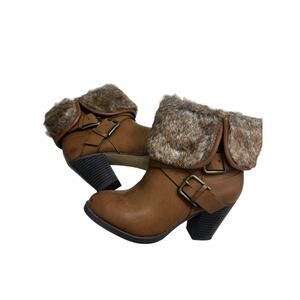 JustFab Faux Fur Cuff Brown Heeled Ankle Boots Womens Size 7 Booties